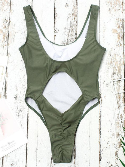Hollow Back Plain One-piece Swimwear