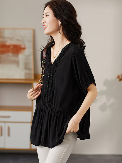Casual Solid Color Split-Joint Lace Pleated Beaded V-Neck Elasticity Short Sleeves T-Shirt