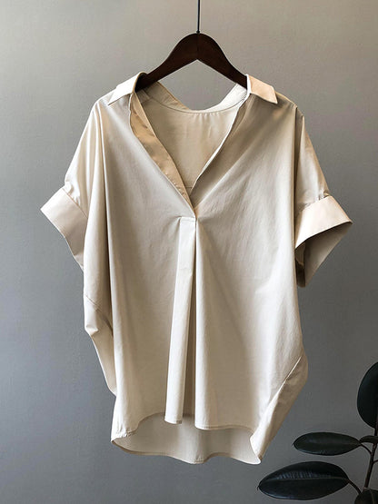Simple Urban Solid Color Pleated Lapel Collar Short Sleeves Blouse