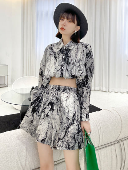 Fashion Ink-Printing Lapel Long Sleeves Blouse+ Elastics Wide Leg Shorts Suit