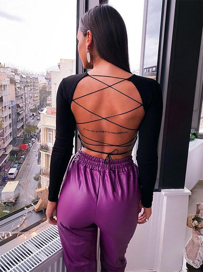 Solid Backless Bandage Yoga Tops