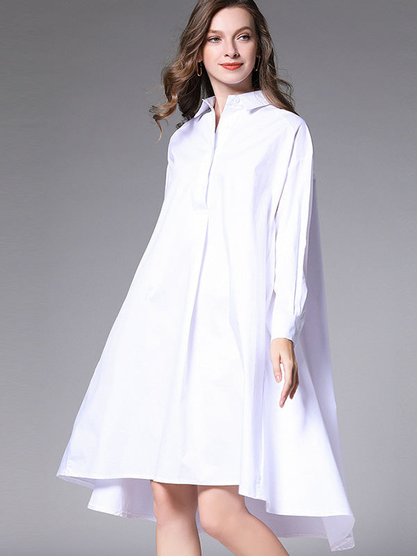 Simple Loose 4 Colors Buttoned Lapel Collar Raglan Sleeves High-Low Midi Dress