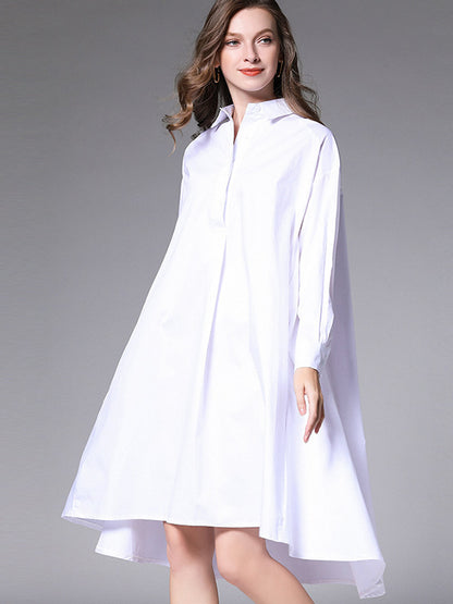 Simple Loose 4 Colors Buttoned Lapel Collar Raglan Sleeves High-Low Midi Dress