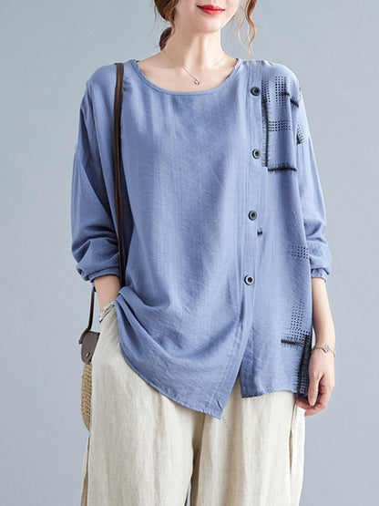 Casual Asymmetric Buttoned Round-Neck Long Sleeves T-Shirt Tops