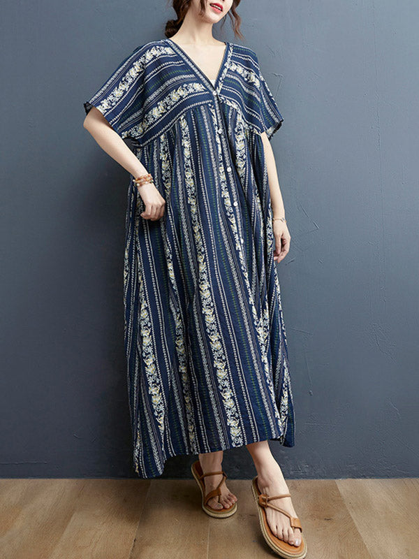 Floral Printed Casual V-Neck Buttoned Midi Dress