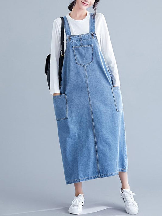 Denim Blue Front-pocket Long Dress