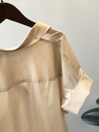 Simple Urban Solid Color Pleated Lapel Collar Short Sleeves Blouse