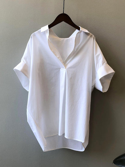 Simple Urban Solid Color Pleated Lapel Collar Short Sleeves Blouse