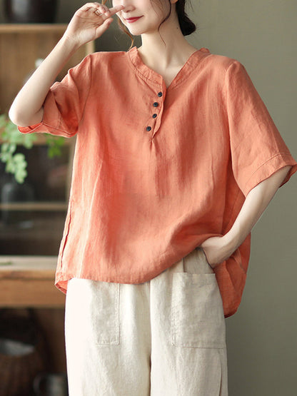Original Linen Solid Color Half Sleeve T-Shirts Tops