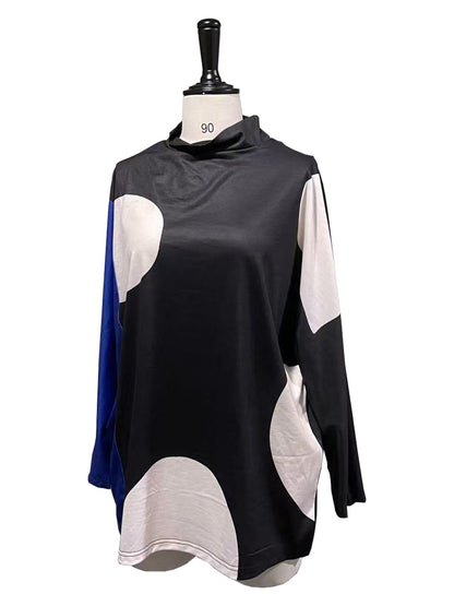 Original Casual Loose Split-Joint Color Matching Polka-Dot High-Neck Long Sleeves T-Shirt Tops