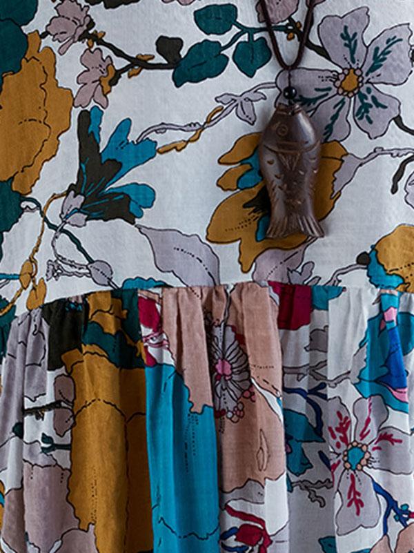Plus Size Flower Print Round-neck Ramie Long Dress