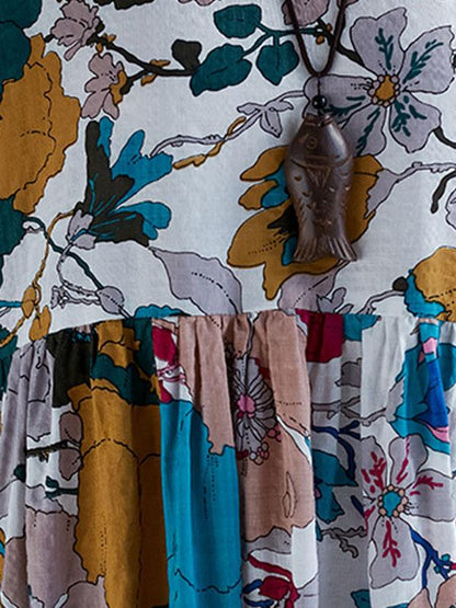 Plus Size Flower Print Round-neck Ramie Long Dress