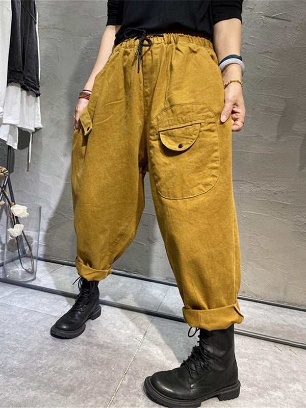Casual Solid Color With Pockets Drawstring Harem Pants