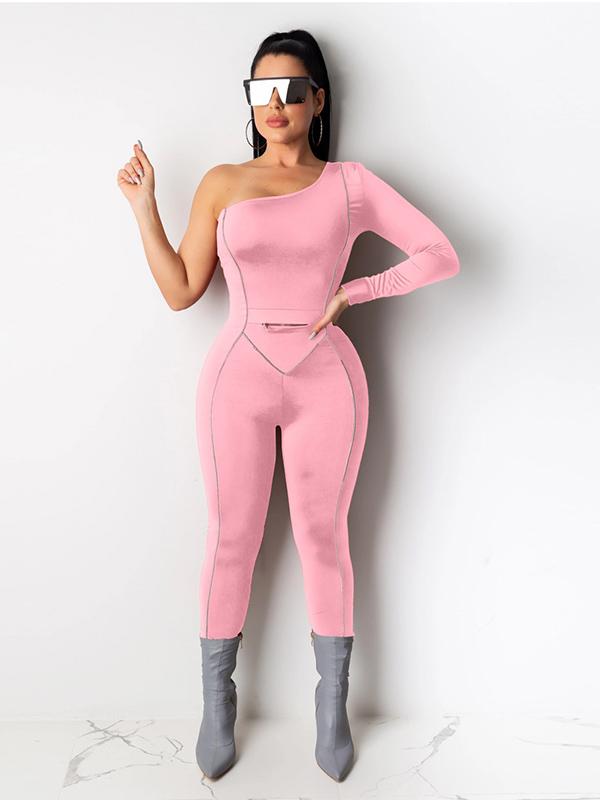 Sexy Solid Color One-Shoulder Long Sleeves Sports  Jumpsuits