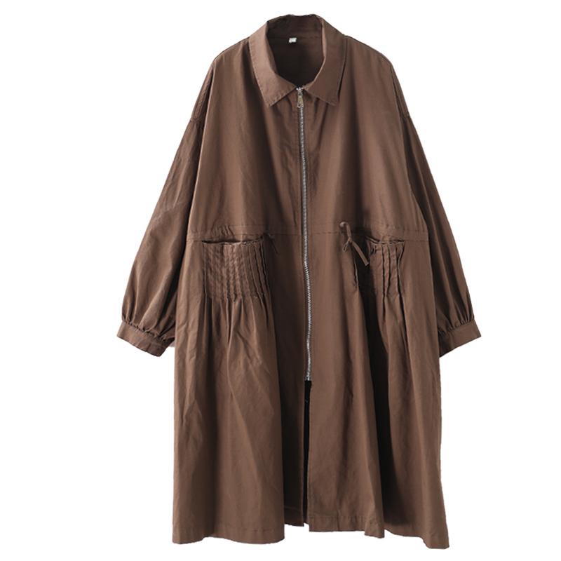 Buykud Literary Casual Pleated Pockets Zipper Trench Coat