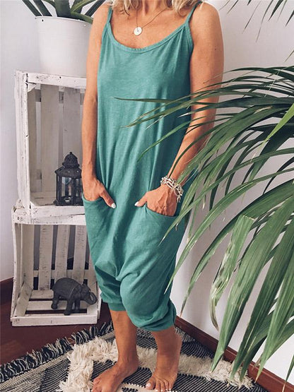 Solid Spaghetti-neck Jumpsuits