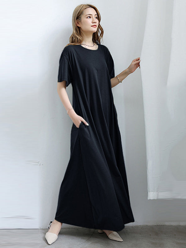 Simple Solid Color Oversized A-Line Round-Neck Short Sleeves Maxi Dress