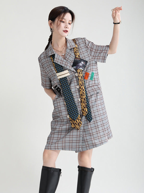 Urban Asymmetric Plaid Double Breasted Notched Collar Short Sleeves Mini Dress