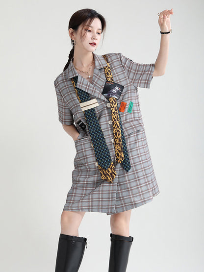 Urban Asymmetric Plaid Double Breasted Notched Collar Short Sleeves Mini Dress