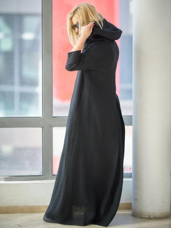 Loose Black Ramie Cotton With Hat Linen Dress