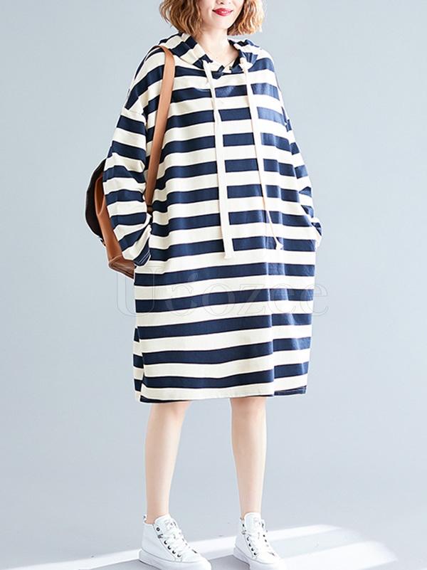 Casual Striped Hoodie Sweatshirt Dress