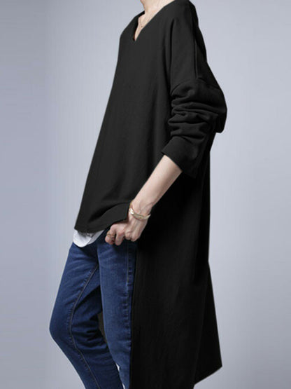 Casual Loose Solid Color Split-Side High-Low V-Neck Long Sleeves Sweatshirt