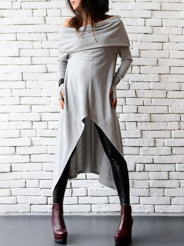 Casual Irregular Clipping Solid Color High-Low Off-The-Shoulder Long Sleeves Midi Dress