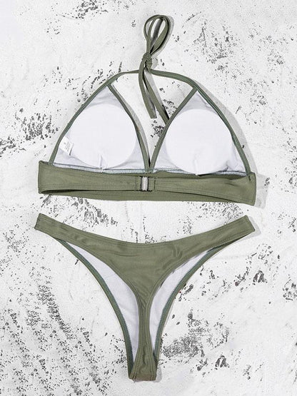 Solid Color Triangles Bandage Split Bikini Swimsuit