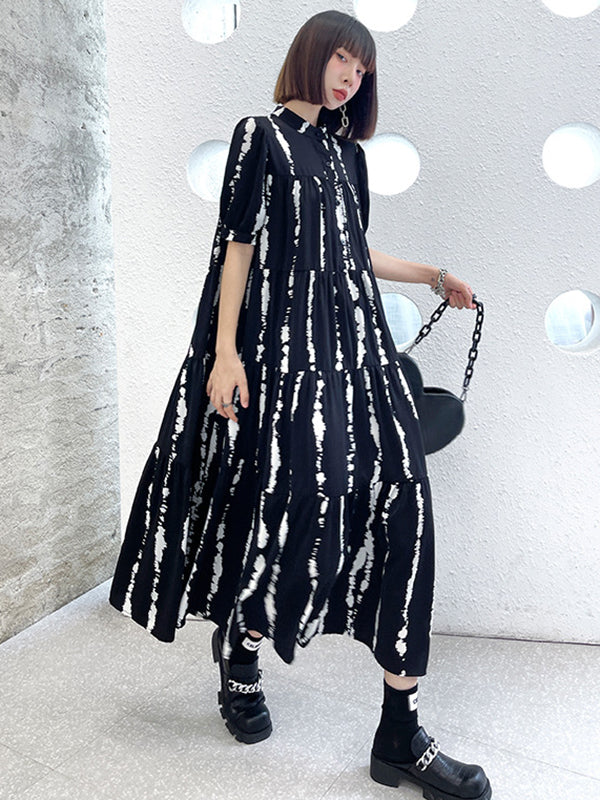 Vintage A-Line Printed Black Midi Dress