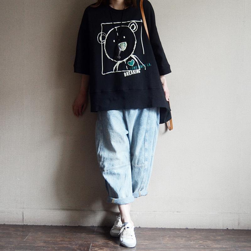 Cotton Loose Print Round Neck Blouse