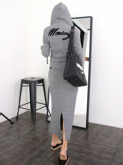 Zipper Letter Printed Sports Hoodie&Split-back Skirts Suits
