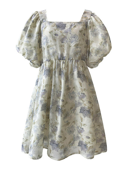 Original Floral Printed Square-Neck Puff Sleeve Mini Dress