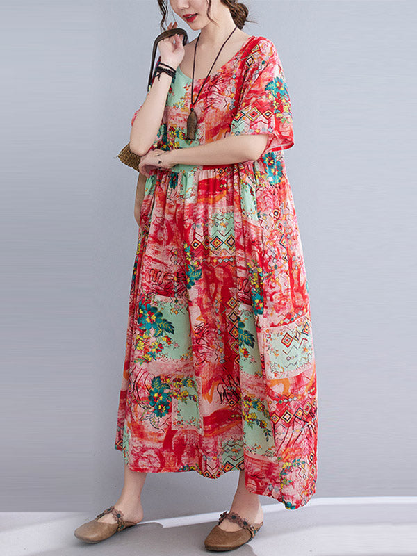 Vintage Floral Printed Round-Neck Short Sleeves Midi Dress