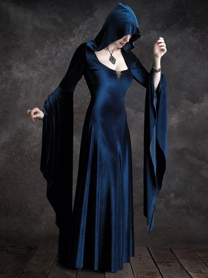 Flared Sleeve Square-neck Hooded Maxi Dress