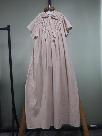 Casual Ramie Cotton Solid Color High-Neck Short Sleeves Maxi Dress