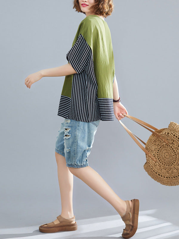 Vintage Ramie Cotton Striped Split-Joint Batwing Sleeves Round-Neck T-Shirt