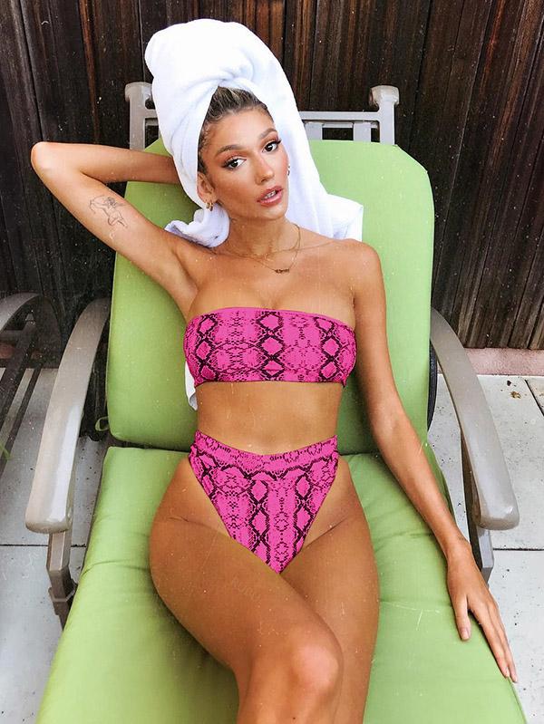 Snakeskin Print Top With High Cut Bikini Set