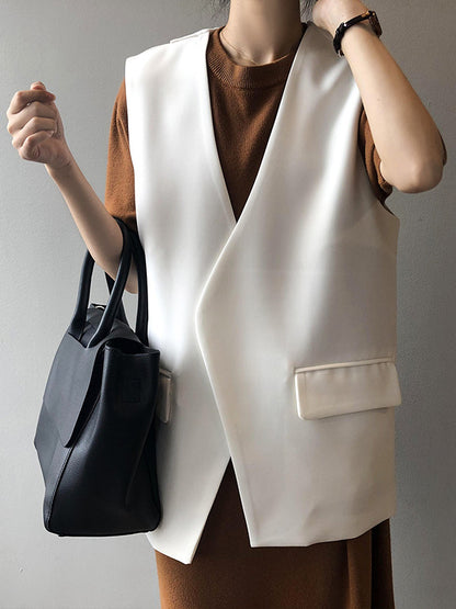 Urban Solid Color Split-Joint With Pocket Split-Back V-Neck Sleeveless Vest Outwear