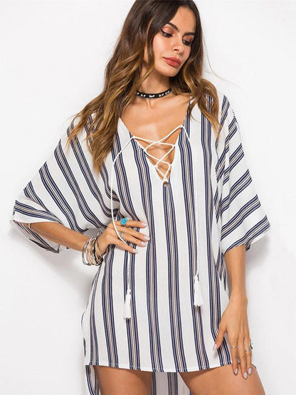 Loose Plus Size Striped Fashion Lace-up Blouse