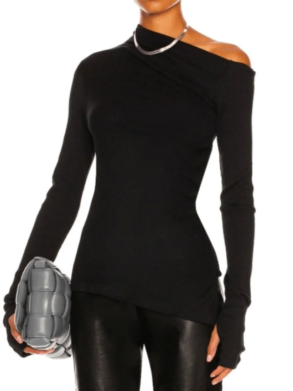 Stylish Solid Color One-Shoulder Long Sleeves T-Shirt Top