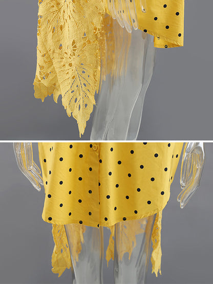 Stylish Split-Joint Polka-Dot Hollow Buttoned Lapel Collar Loose Shirt Dress