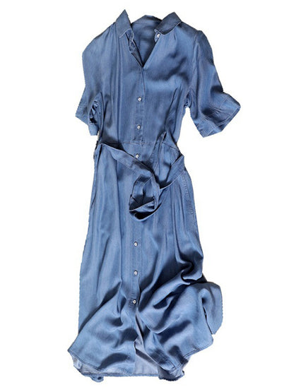 Urban Denim Blue Belted Lapel Short Sleeves Oversize Midi Dress