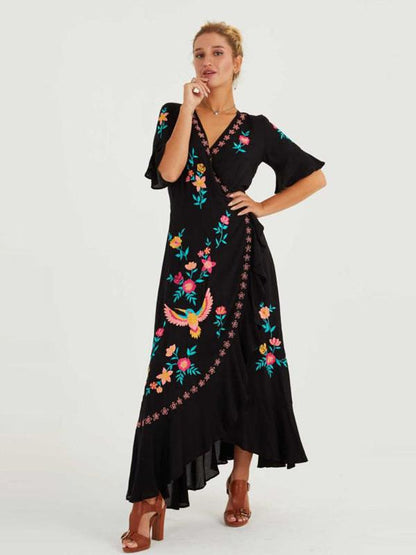 Embroidered V-neck Lace-up Dress
