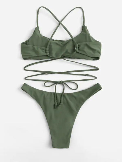 Sexy Canvass Bandage Split Bikini Swimsuit