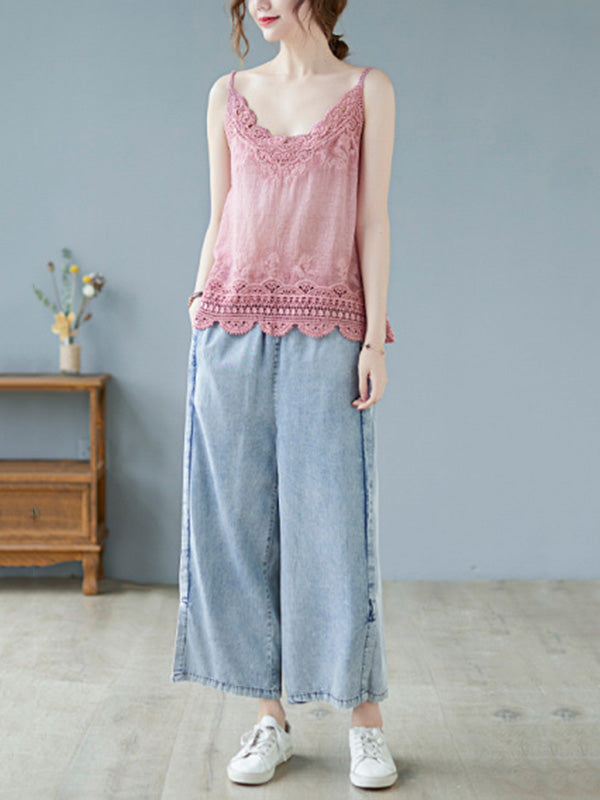 Original Solid Sleeveless Lace&Hollow V-Neck Vest