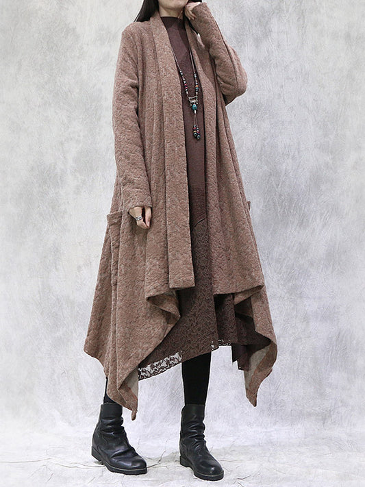 Artistic Retro Irregular Solid Color Split-Joint With Pocket Long Sleeves Cardigan Outwear