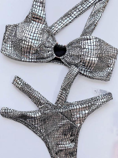 Snake-Print Asymmetric Split Bikini Swimsuit