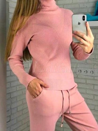 High-neck Rhombic Knitting Sweater and Pants Suits