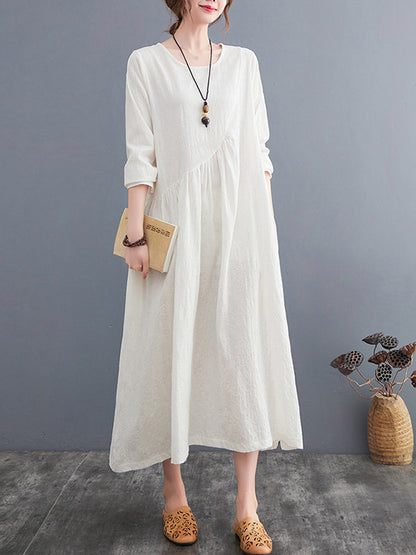 Casual Simple Solid Color Pleated Round-Neck Long Sleeves Midi Dress