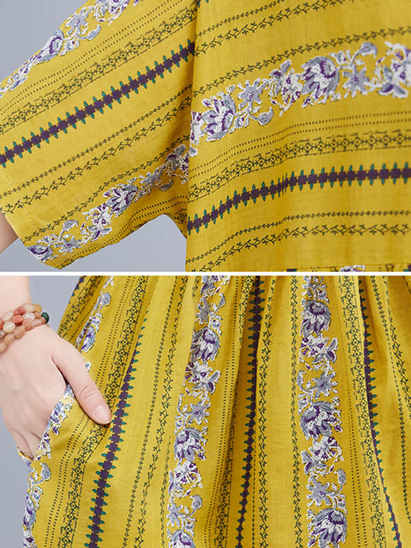 Vintage Striped Printed Round-Neck Short Sleeves Midi Dress